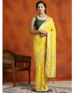 Yellow Silk Banarasi Floral Zari Woven Design Saree