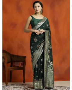 Green Silk Banarasi Floral Zari Woven Design Saree