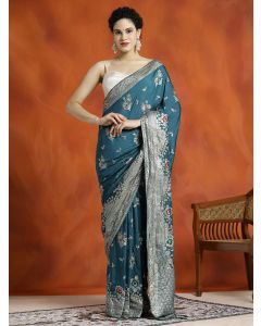 Teal Blue Heavy Banarasi Zari Woven Silk Blend Saree