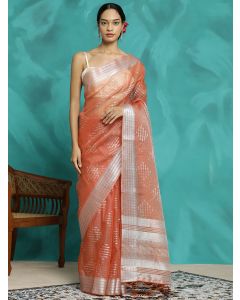 Orange Zari Woven Banarasi Organza Saree