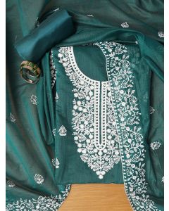 Unstitched Green Embroidered Cotton Blend Dress Material With Dupatta