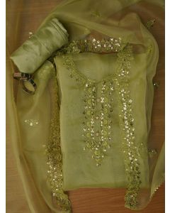 Green Unstitched Embroidered Organza Dress Material With Dupatta