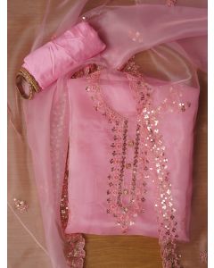 Pink Unstitched Embroidered Organza Dress Material With Dupatta