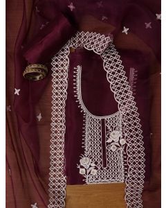 Unstitched Purple Embroidered Organza Dress Material With Dupatta