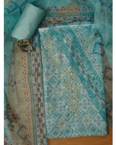 Blue Unstitched Embroidered Organza Dress Material With Dupatta