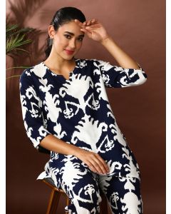 Floral Printed Straight Kurta & Trousers Sets-CS-101 Navy Blue