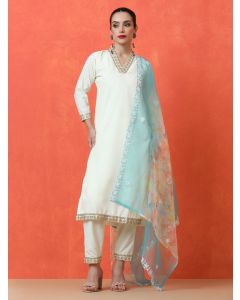 Solid Embroidered Straight Cotton Blend Kurta & Trousers Sets-DK-1001 White