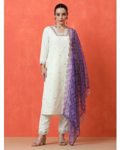 Floral Embroidered Straight Silk Blend Kurta & Trousers Sets-DK-1002 White