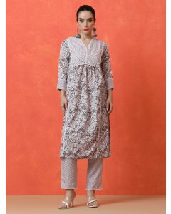 Floral Embroidered A-Line Cotton Blend Kurta & Trousers Sets-DK-1006 Grey