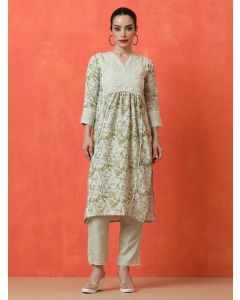 Floral Embroidered A-Line Cotton Blend Kurta & Trousers Sets-DK-1006 Lemon