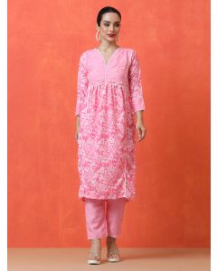 Floral Embroidered A-Line Cotton Blend Kurta & Trousers Sets-DK-1006 Pink