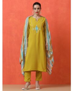 Floral Embroidered Straight Silk Blend Kurta & Trousers Sets-DK-1009 Yellow