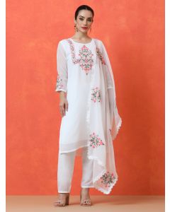 Floral Embroidered Straight Poly Georgette Kurta & Trousers Sets-DK-1012 White