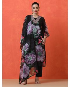 Floral Embroidered Straight Viscose Rayon Kurta & Trousers Sets-DK-1013 Black