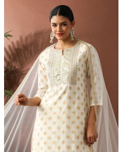 Floral Embroidered Straight Silk Blend Kurta & Trousers Sets-ES_2501 Off White