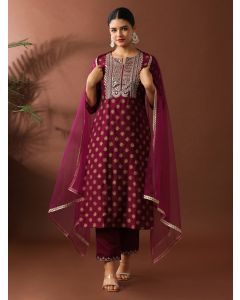 Floral Embroidered Straight Silk Blend Kurta & Trousers Sets-ES_2501 Purple