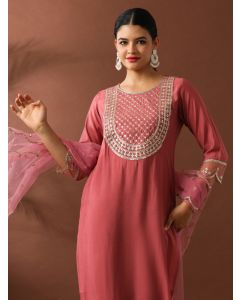 Floral Embroidered Straight Silk Blend Kurta & Trousers Sets-ES_2502 Pink