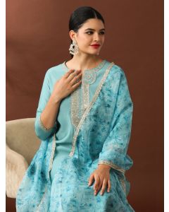 Floral Embroidered Straight Silk Blend Kurta & Trousers Sets-ES_2503 Light Blue