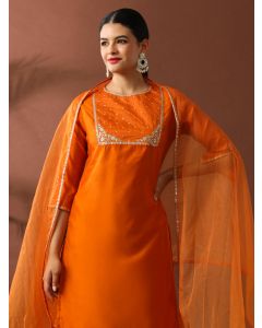 Floral Embroidered Straight Chanderi Cotton Kurta & Trousers Sets-ES_2504 Orange
