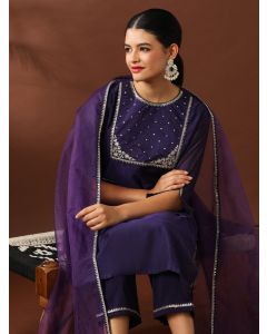 Floral Embroidered Straight Chanderi Cotton Kurta & Trousers Sets-ES_2504 Purple