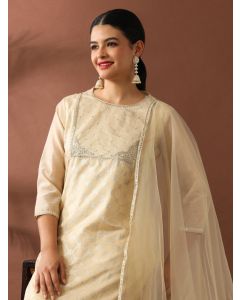 Floral Embroidered Straight Chanderi Cotton Kurta & Trousers Sets-ES_2505 Cream