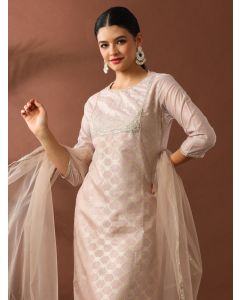 Floral Embroidered Straight Chanderi Cotton Kurta & Trousers Sets-ES_2505 Pink