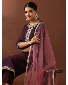 Floral Embroidered Straight Chanderi Cotton Kurta & Trousers Sets-ES_2506 Purple