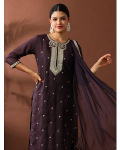 Floral Embroidered Straight Silk Blend Kurta & Trousers Sets-ES_2507 Wine