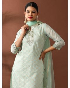 Floral Embroidered Straight Chanderi Cotton Kurta & Trousers Sets-ES_2508 Pista Green
