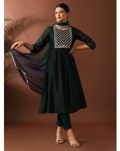 Floral Embroidered A-Line Chanderi Cotton Kurta & Trousers Sets-ES_2509 Green