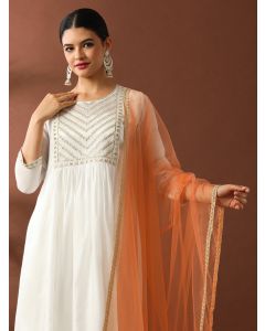 Floral Embroidered A-Line Chanderi Cotton Kurta & Trousers Sets-ES_2509 White