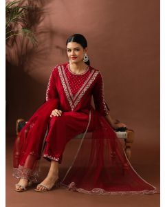 Floral Embroidered Straight Silk Blend Kurta & Trousers Sets-ES_2510 Dark Pink