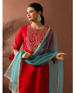 Floral Embroidered Straight Chanderi Cotton Kurta & Trousers Sets-ES_2511 Red