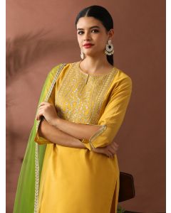Floral Embroidered Straight Chanderi Cotton Kurta & Trousers Sets-ES_2511 Yellow