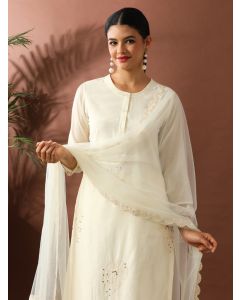 Floral Embroidered Straight Chanderi Cotton Kurta & Trousers Sets-ES_2512 Off White