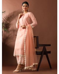 Floral Embroidered Straight Chanderi Cotton Kurta & Trousers Sets-ES_2512 Peach