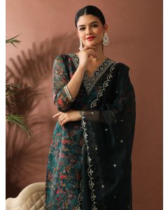 Floral Embroidered Straight Organza Kurta Sets-ES_2513 Green
