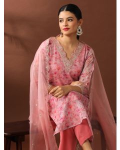 Floral Embroidered Straight Organza Kurta Sets-ES_2513 Pink