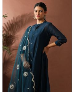 Solid Embroidered A-Line Chanderi Cotton Kurta Sets-ES_2514 Rama