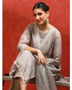 Floral Embroidered Straight Kurta & Trousers Sets-ES_2517_Grey