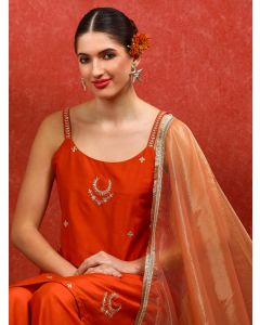 Floral Embroidered Straight Kurta & Trousers Sets-ES_2522_Rust