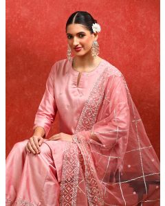 Floral Embroidered A-Line Kurta & Trousers Sets-ES_2523_Pink