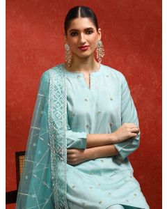Floral Embroidered A-Line Kurta & Trousers Sets-ES_2523_Sky Blue