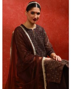 Floral Embroidered A-Line Kurta & Trousers Sets-ES_2525_Brown