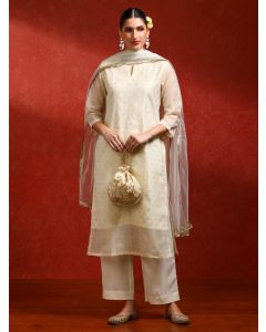 Floral Embroidered A-Line Kurta & Trousers Sets-ES_2525_Off White