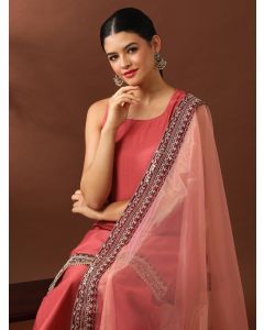 Floral Embroidered Straight Silk Blend Kurta & Sharara Sets-ES_7545 Peach
