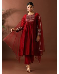 Floral Embroidered A-Line Chanderi Cotton Kurta & Trousers Sets-ES_7547 Maroon