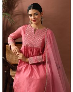 Floral Embroidered A-Line Chanderi Cotton Kurta & Trousers Sets-ES_7547 Pink