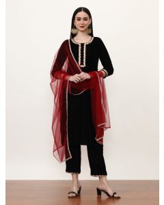 Embroidered Velvet Solid Kurta Sets With Net Dupatta-ES_7524_Black_L