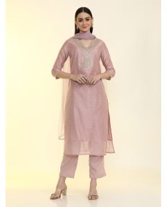 Embroidered Chanderi Cotton Solid Kurta Sets With Net Dupatta-ES_7538_Pink